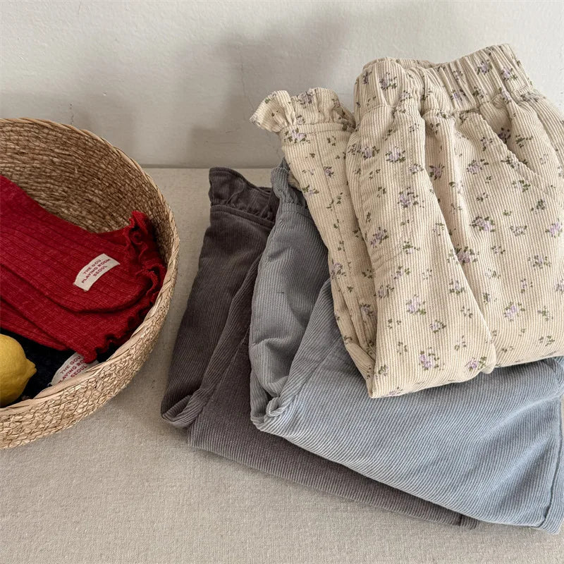deer jonmi 2026 New Spring Baby Girls Wide Leg Pants Floral Printed Korean Style Corduroy Ruffles Toddlers Kids Casual Trousers