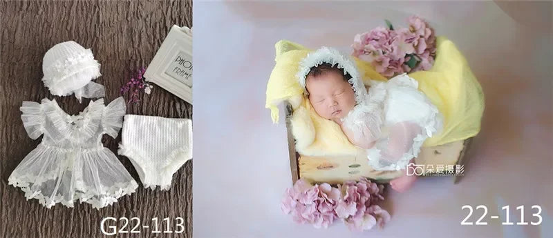 0-3Month Baby Newborn Photography Props Baby Hat Baby Girl Lace Romper Bodysuits Outfit  Photography Clothing