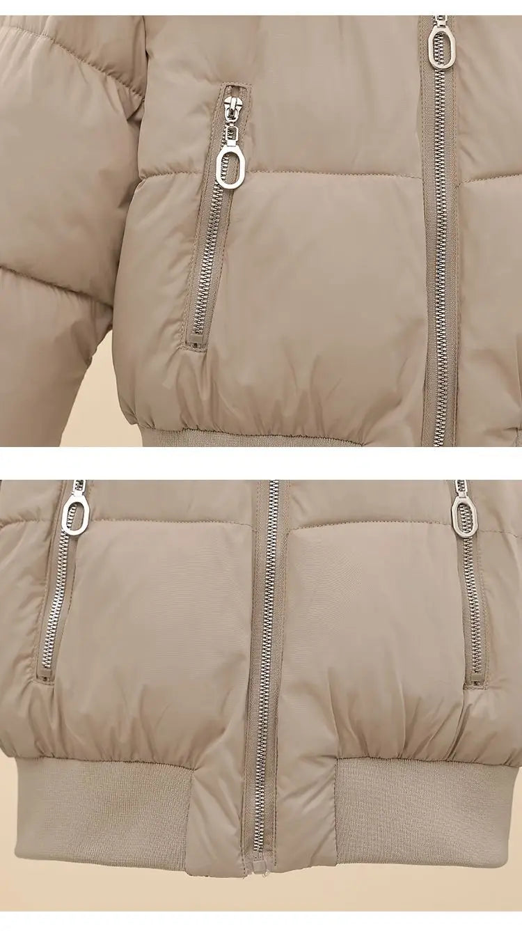 Korean Style Cropped Slim Fit Puffer Parka Women Detachable Faux Fur Trim Hood Thick Warm Zip Pockets Winter Casual Outfit 2026