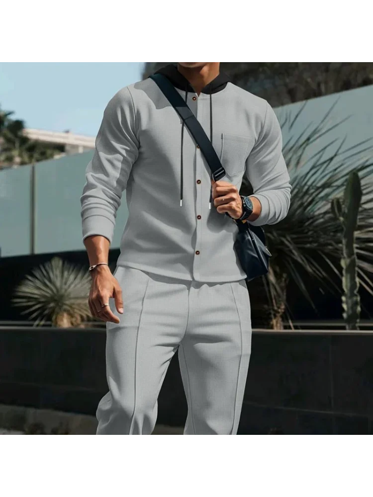 Men's American Autumn Waffle Casual Hooded Color-blocking Long-sleeved Cardigan Jacket And Trousers Set