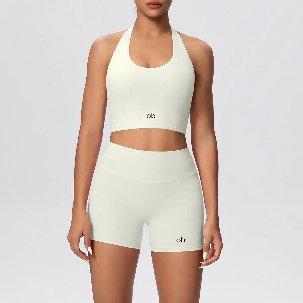 New solid-color double-sided brushed tight-fitting neckless short pants yoga set for exercise, running and fitness two-piece set