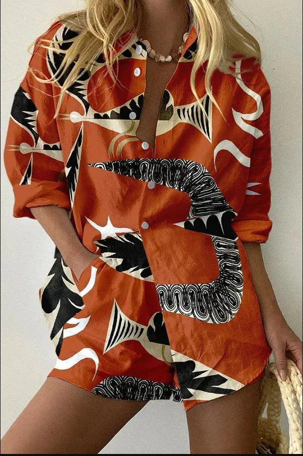 Summer New Print Beach Holiday Set For Women Fashion Short Sleeve Buttoned Shirt Wide Legs Shorts Oversized Two Piece Set