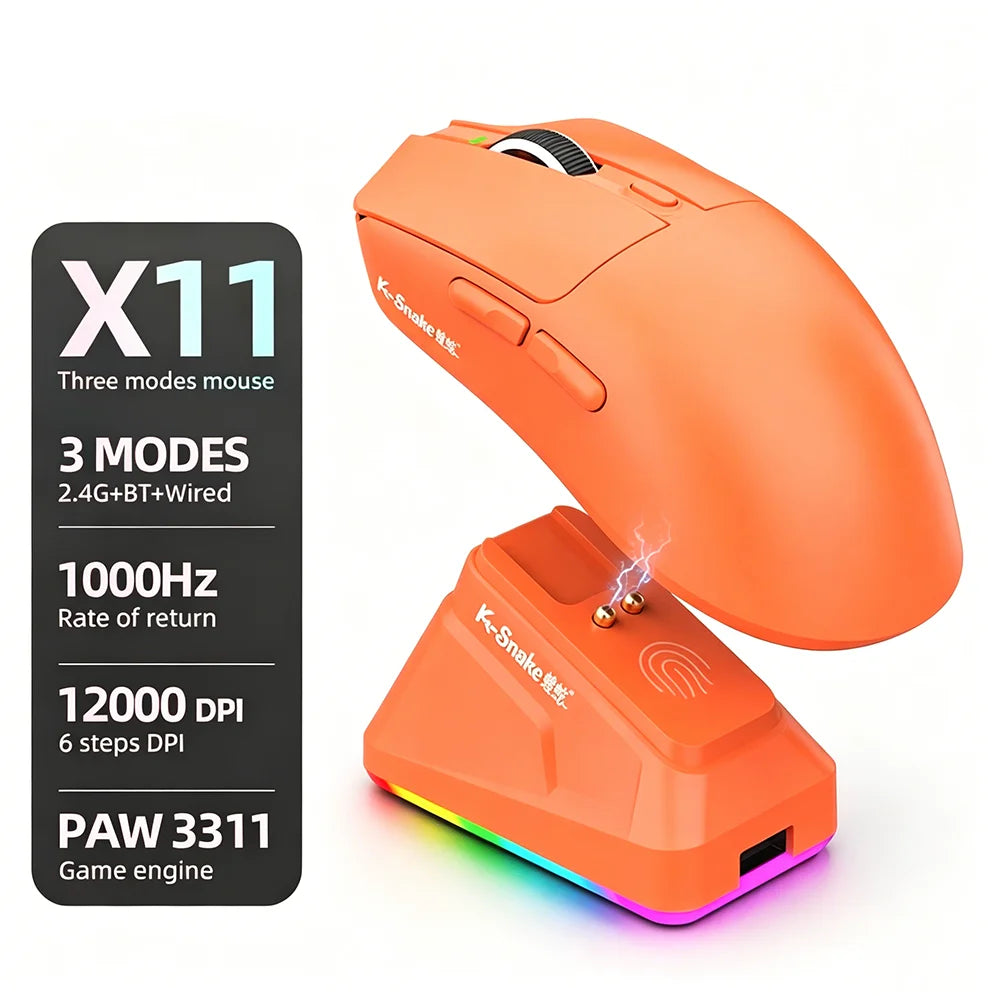 KEBIDUMEI X11 PAW3311 Tri-Mode Wireless Mouse 12000 DPI Gaming Mouse RGB Touch Magnetic Charging Base Bluetooth /2.4G/Wired Mice
