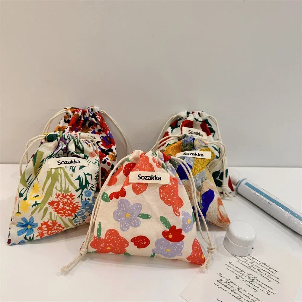 Kawaii Cloth Floral Drawstring Storage Bag Cosmetic Organizer for Women Makeup Handbags Wallet Small Pouch