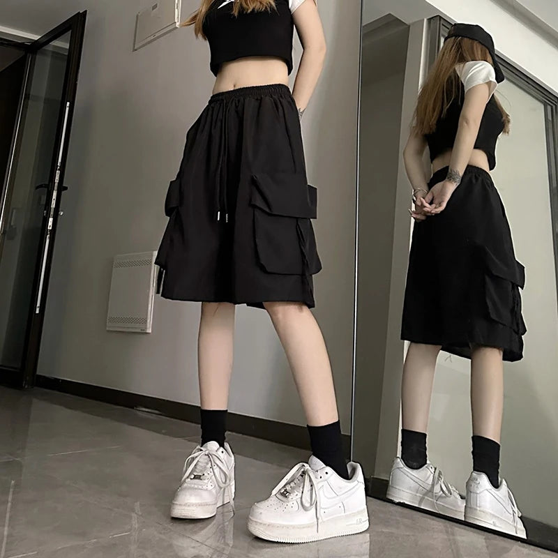 URBANCREW High-Waist Cargo Shorts — Loose Streetwear Fit