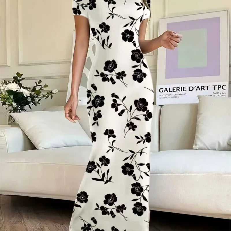 Short-sleeved Solid Color Slim Sexy Waisted Spring And Summer Temperament Dress Women's Round Neck Elegant Long Dress For Dinner