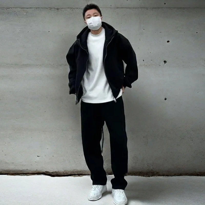 Autumn Winter Men's Casual Hoodie Sports Set Korean Fashion Loose Zip Up Hooded Sweatshirt and Sports Pants Two-piece Set