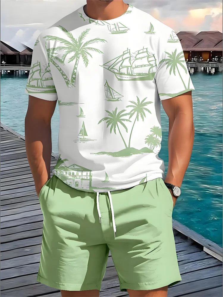 2 Piece Summer Casual Everyday Men's Short Sleeve Shorts Set Hawaiian Print Men's T-shirt Outdoor Sports Men's Beach Shorts