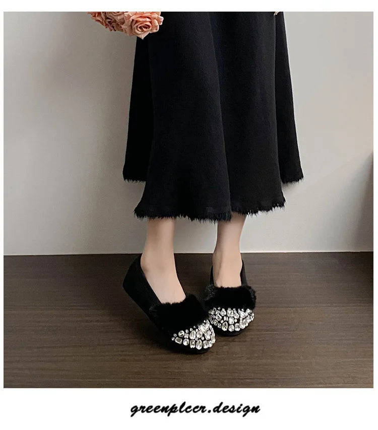Luxury Glitter Rhinestone Ladies Plush Flat Shoes Female Cozy Crystal Decorate Loafers Winter Warm Walking Driving Shoes Casual