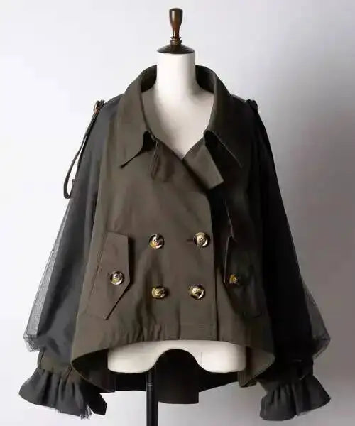 EAM Japanese Style Turn-Down Collar Double Breasted High-Low Hem Cropped Trench Coat Women's Jacket 2026 Autumn New