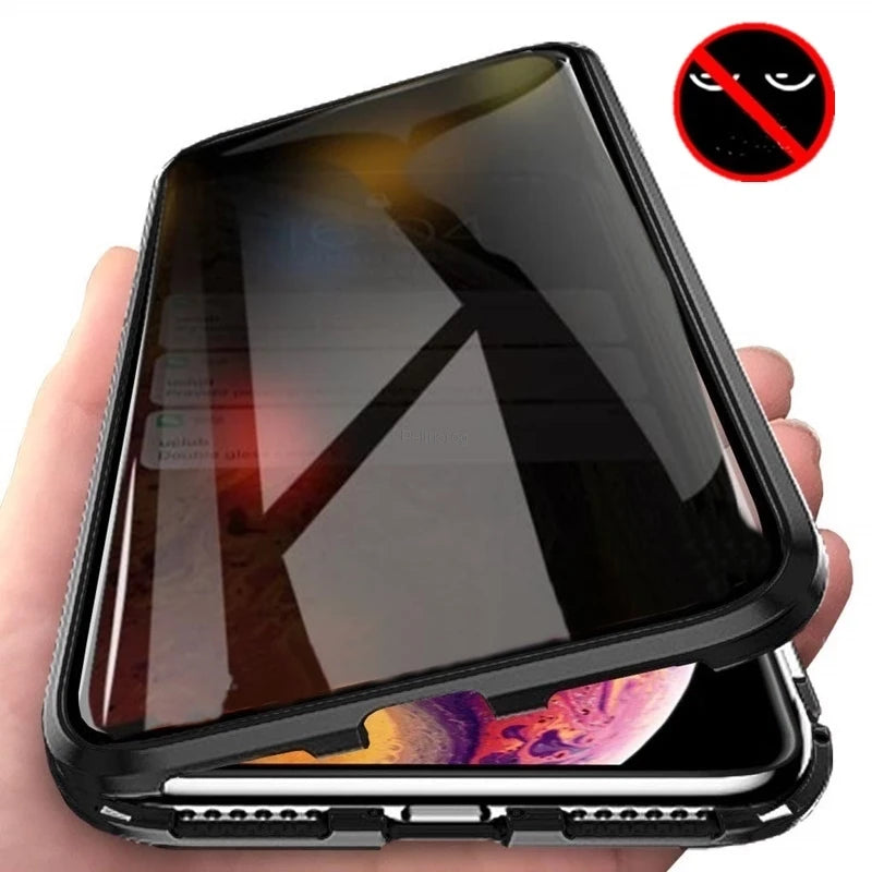 Magnetic Tempered Glass Privacy Metal Case For iphone 18 17 16 15 14 13 12 XR 11 ProMAX 16 E 360 Magnet Antispy Protective Cover