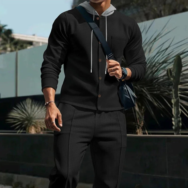 Men's American Autumn Waffle Casual Hooded Color-blocking Long-sleeved Cardigan Jacket And Trousers Set