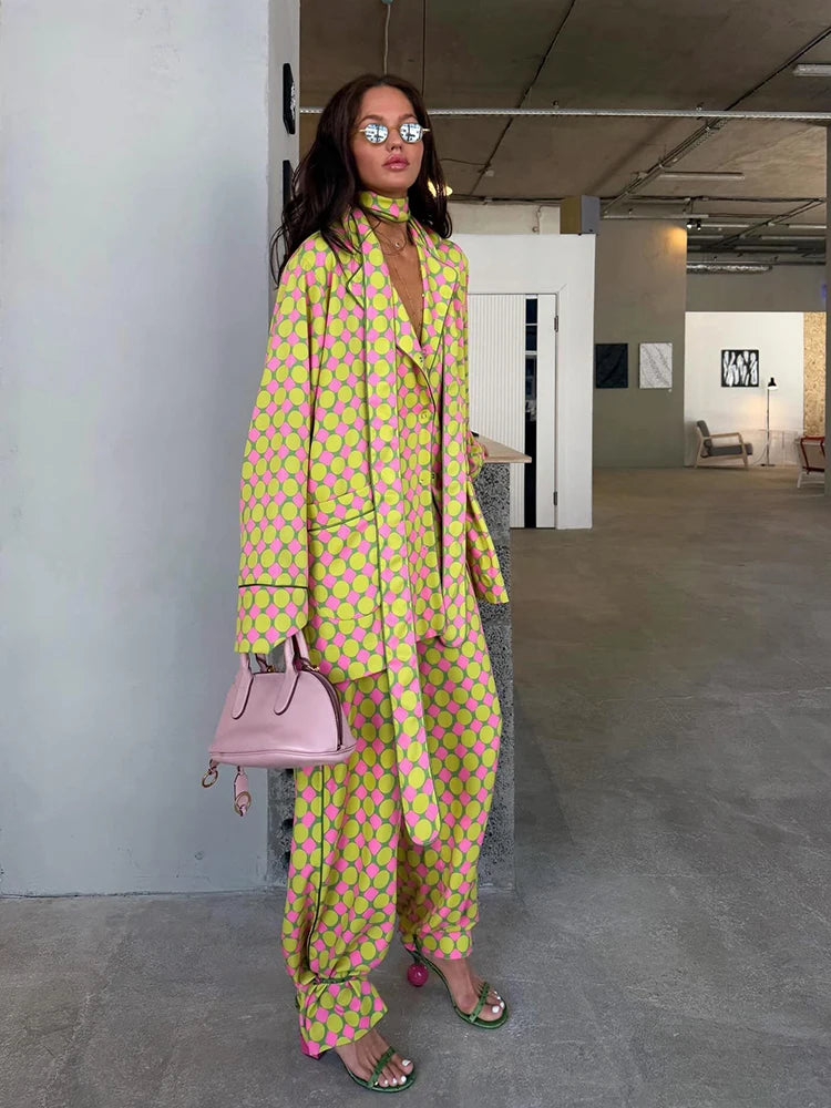 Vacation Geometric Printed Loose Pants Set Women Lapel Full Sleeve Pocket Shirts Wide Leg Pant Suits 2026 Autumn Street Outfit