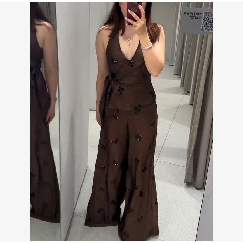 Fashion Floral Sequin 2-piece Outfit Women Tie Waist Wrap Sleeveless Top Wide Leg Pants 2026 Summer Lady Commute Street Outfits