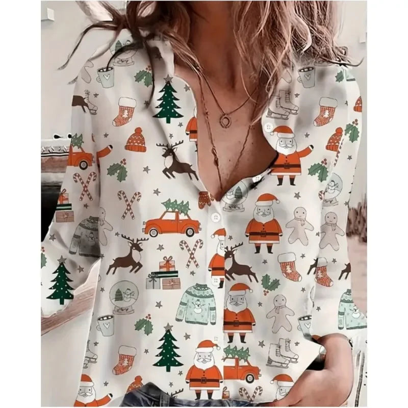 New Christmas Style Womens Long Sleeve Shirts Fashion Street Clothing Autumn Tops Christmas Santa Claus Snowman Shirts Ladies