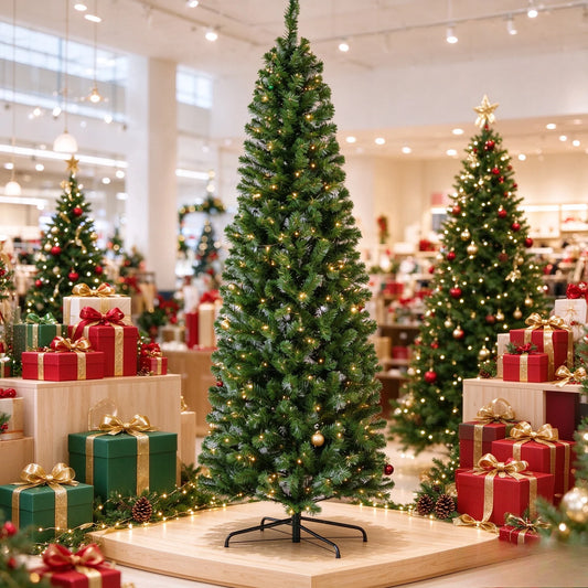 Garvee 6.5ft Pre-Lit Slim Pencil Christmas Tree with 250 Warm LED Lights Festive Family Party Christmas Atmosphere Decor Artificial Pencil Xmas Tree 586 Branch Tips, 8 Lighting Modes