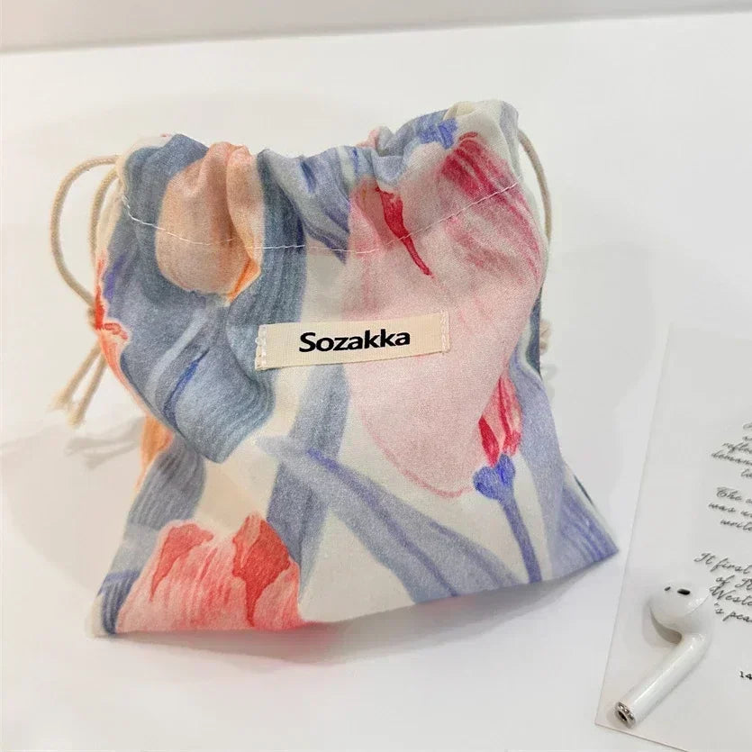 Kawaii Cloth Floral Drawstring Storage Bag Cosmetic Organizer for Women Makeup Handbags Wallet Small Pouch