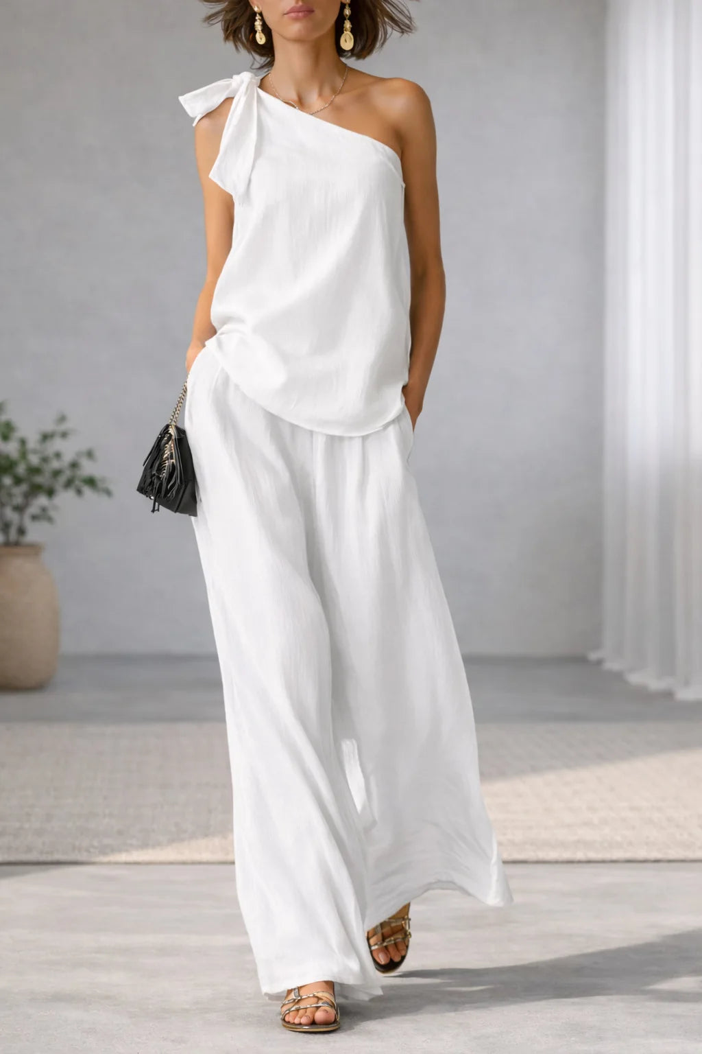 Summer Sexy Off Shoulder Tank Tops And Wide Leg Pants Two Piece Sets Casual Loose Solid High Waist Pants Sets Lace Tops Outfits