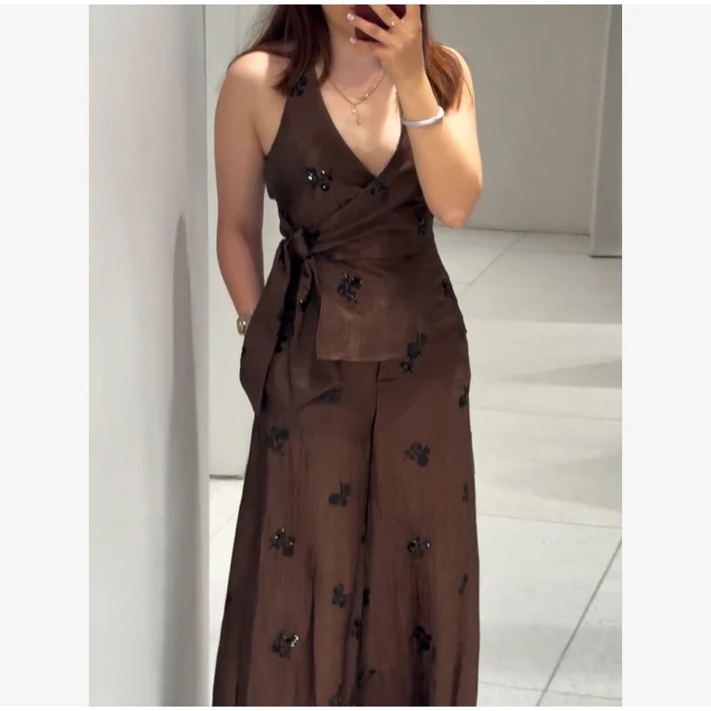 Fashion Floral Sequin 2-piece Outfit Women Tie Waist Wrap Sleeveless Top Wide Leg Pants 2026 Summer Lady Commute Street Outfits