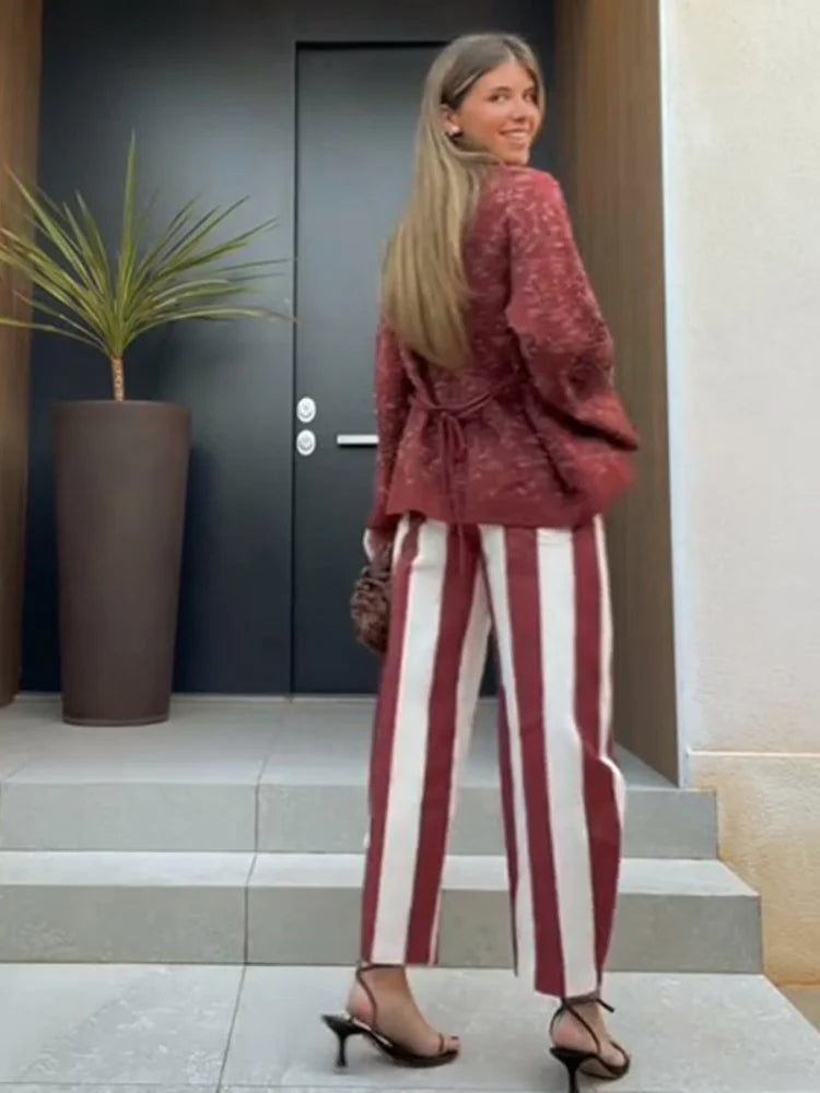 Stripe High-Waisted Wide Leg Trousers Straight Leg Linen Blend 2026 Spring Summer Chic Minimalist Streetwear Vacation Trouser