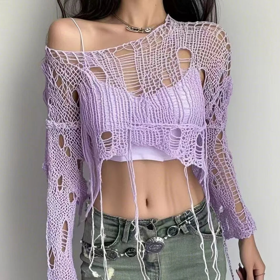 Sexy White Slash Neck Grunge Knitted Women's Sweater Hole Ripped Pullover Crop Top Harajuku Hollow Out Fashion Summer Jumpers