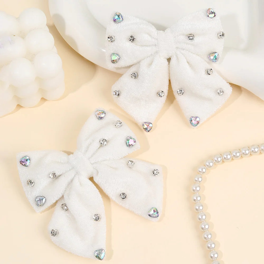 Velvet Bow Hair Clips with Heart Rhinestone Detail, 2-Pack