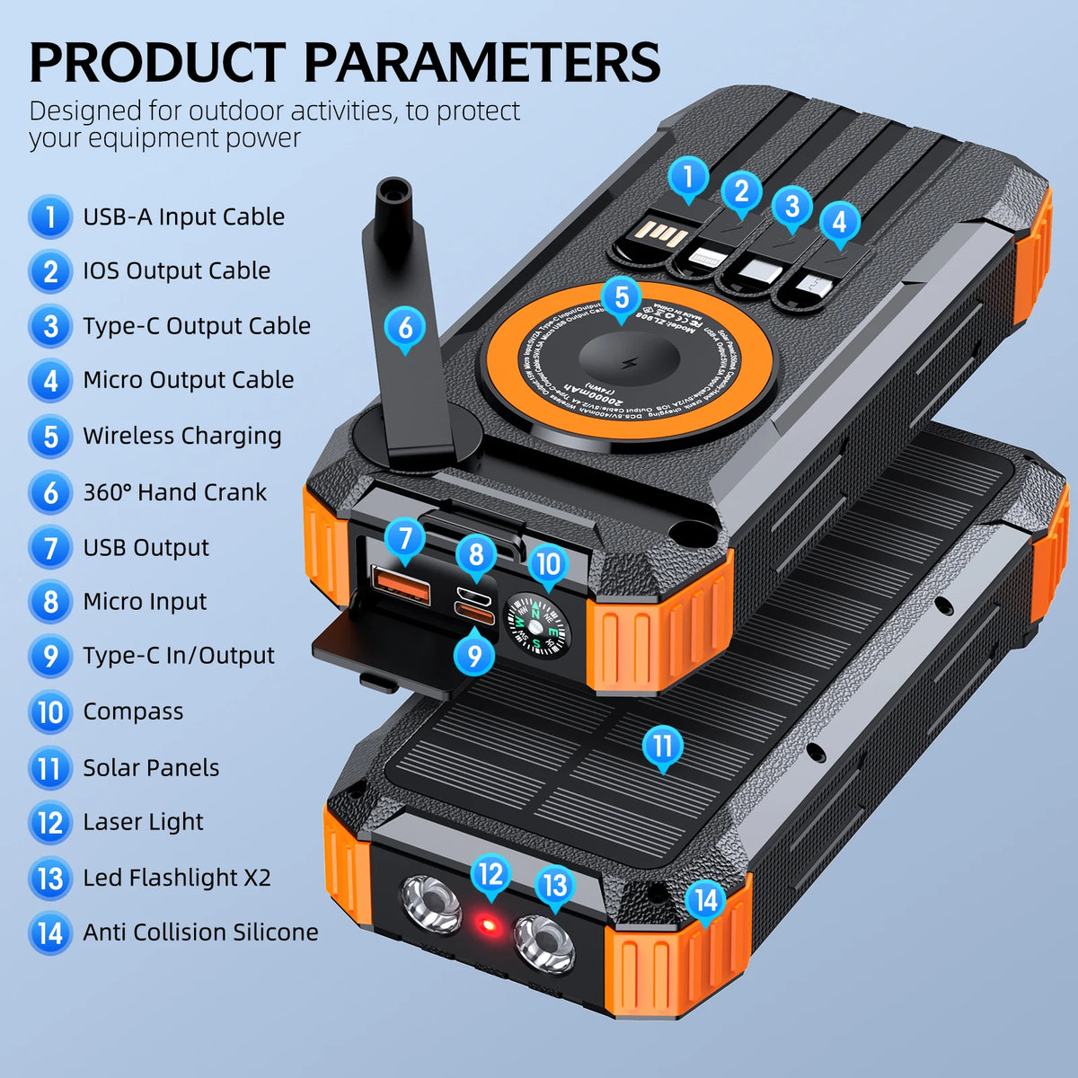 Hand Crank Generator Solar Power Bank High Capacity, Wireless Charger with 4 Built-in Cables, , LED Light for Outdoor Emergency