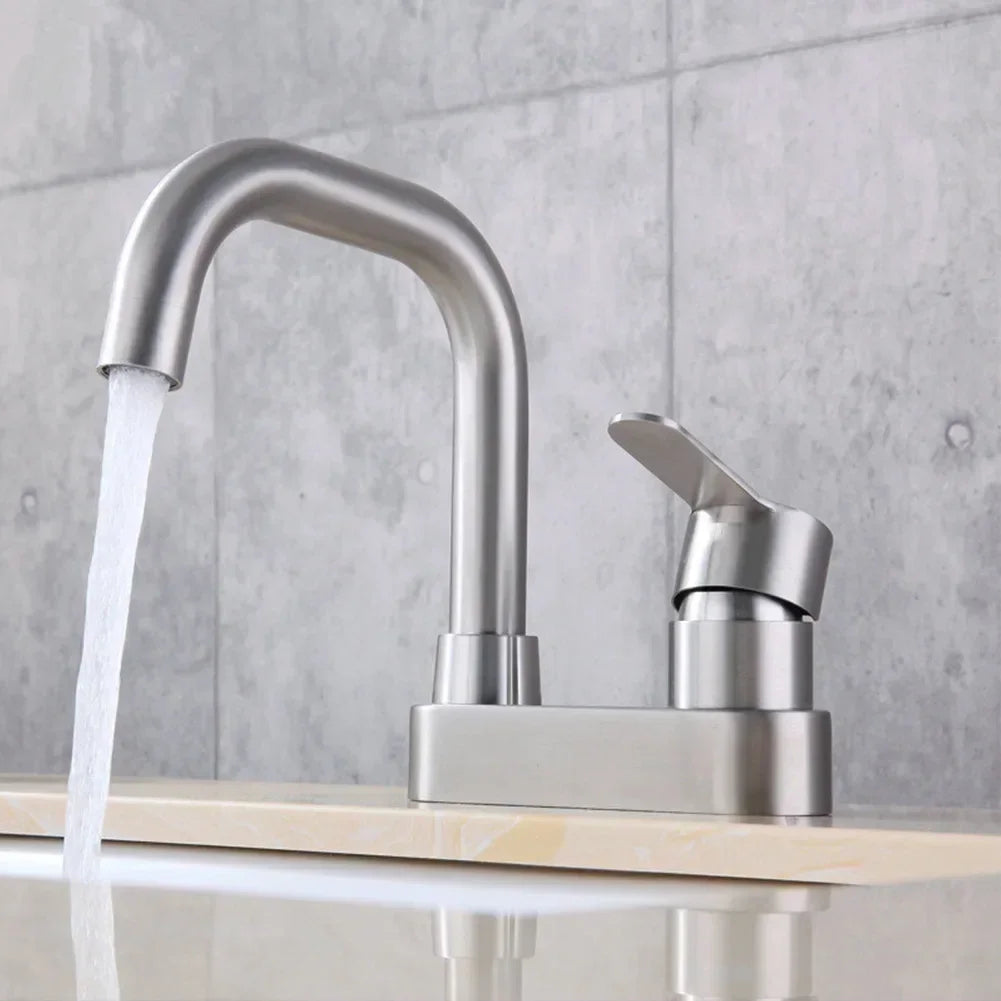Bathroom Basin Faucet 304 Stainless Steel Sink Mixer Tap Hot Cold Water 2 Holes Deck Mounted Single Handle Faucet NEW