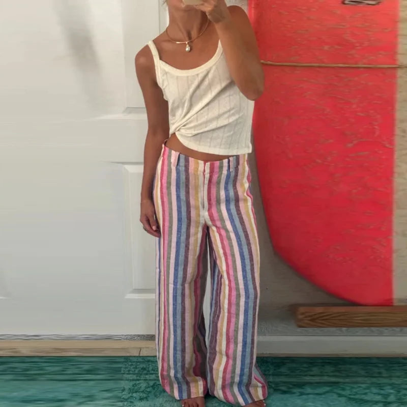 Stripe High-Waisted Wide Leg Trousers Straight Leg Linen Blend 2026 Spring Summer Chic Minimalist Streetwear Vacation Trouser
