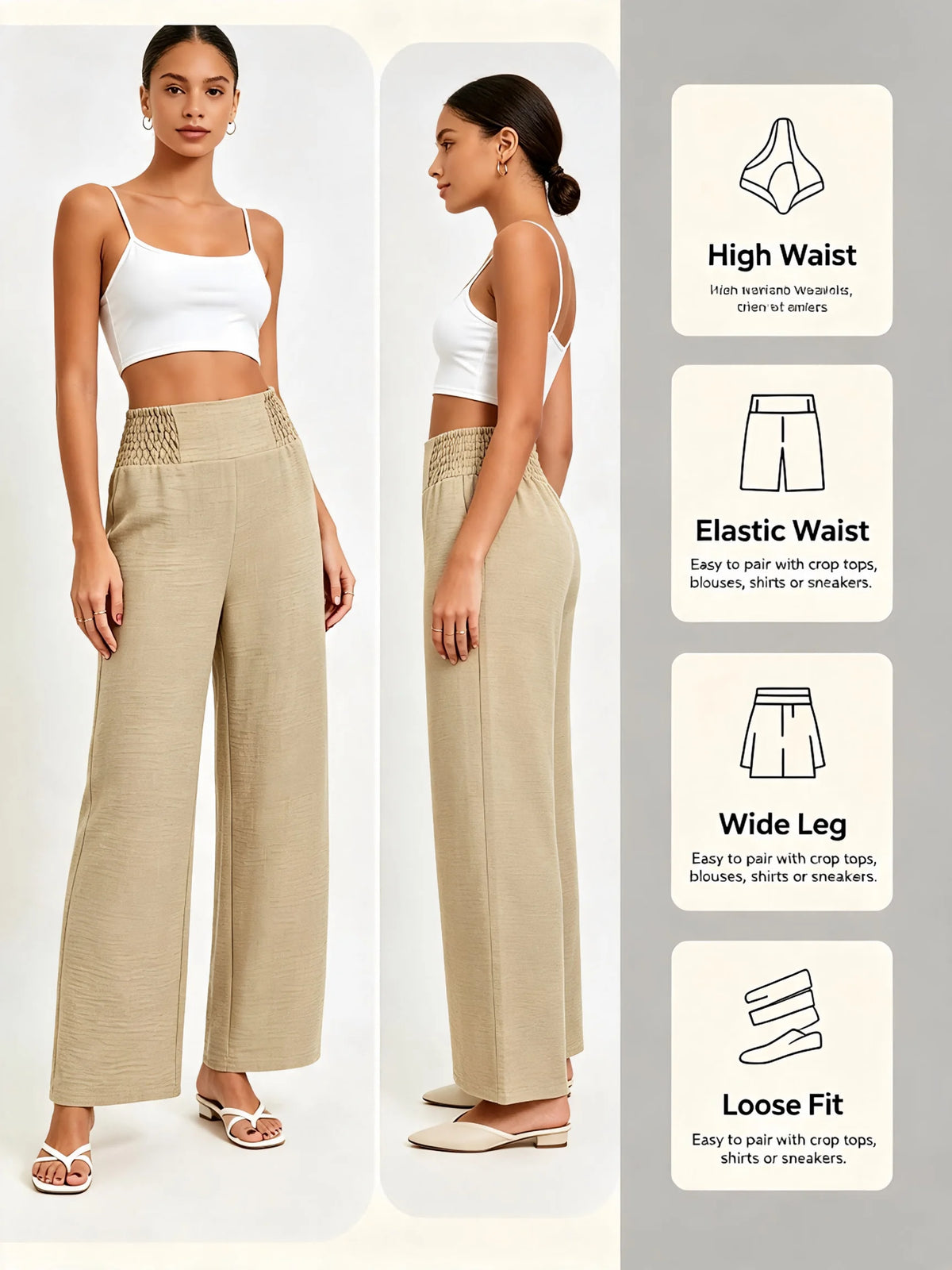 Women's High Waist Wide Leg Pants Elastic Waist Casual Loose Straight Leg Trousers for Daily Office Wear