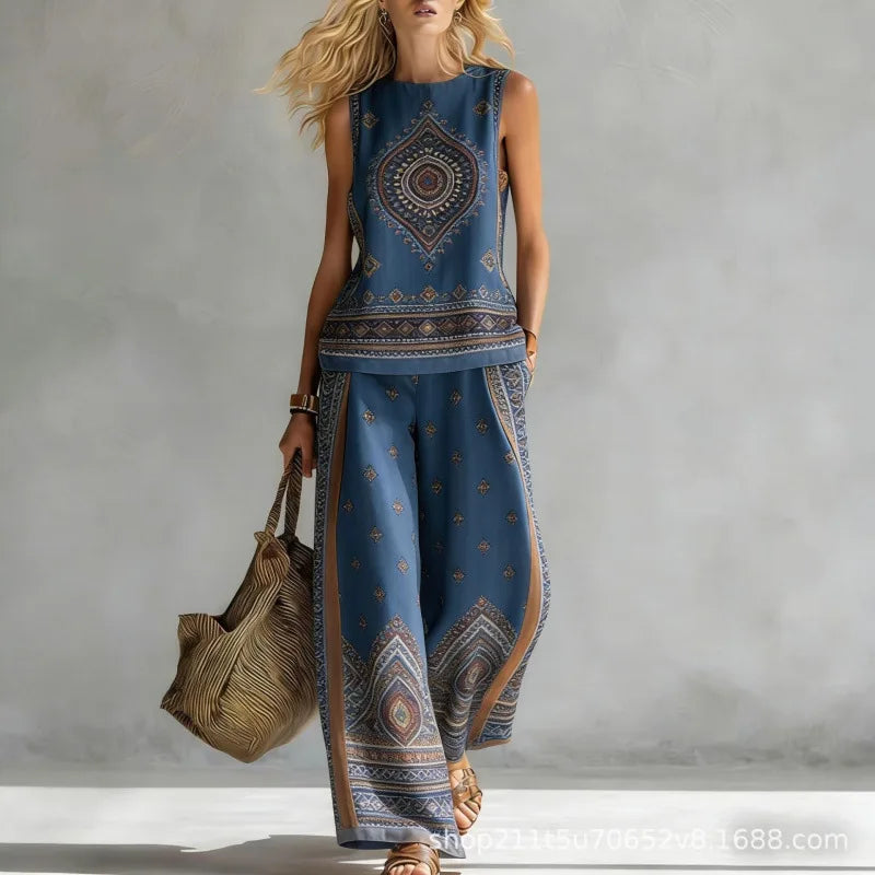 New Fashion Retro Printed Sleeveless Tops Trousers 2-piece Sets Women's Summer Casual Vest Loose Wide Leg Trousers Female Suit