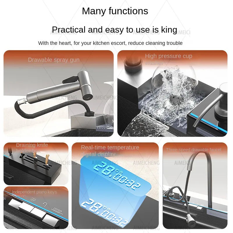 2026 Tiktok Newest Design 30 Inch Waterfall Faucet Black Bionic Honeycomb 304 Stainless Steel Big Single Bowl Kitchen Sink