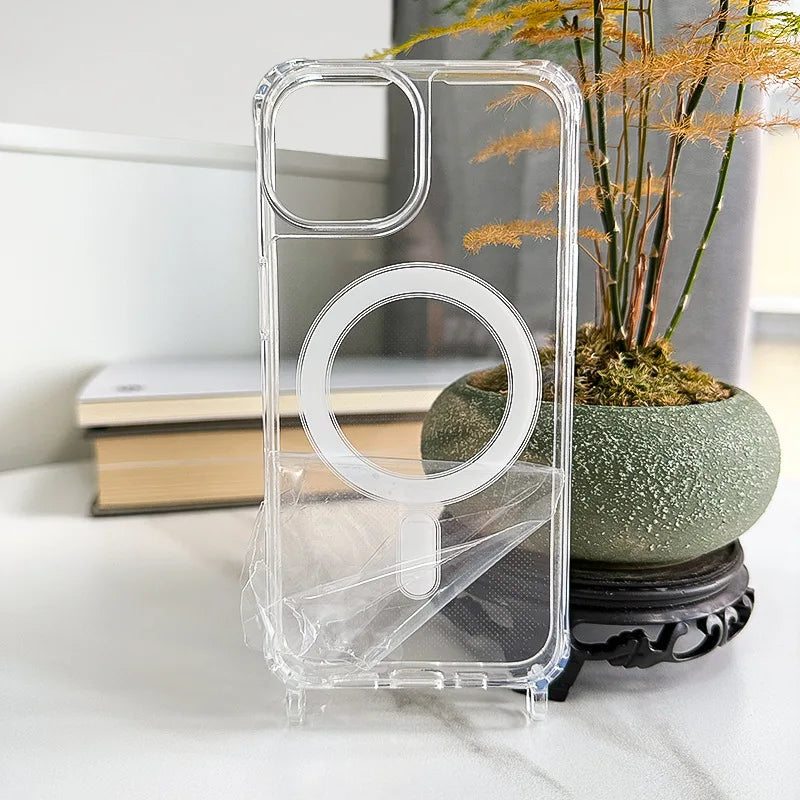 Crossbody Lanyard Clear Magnetic Case For iPhone 18 17 Air 16 15 Plus 14 13 12 Pro Max For Magsafe Acrylic Hard PC Back Cover