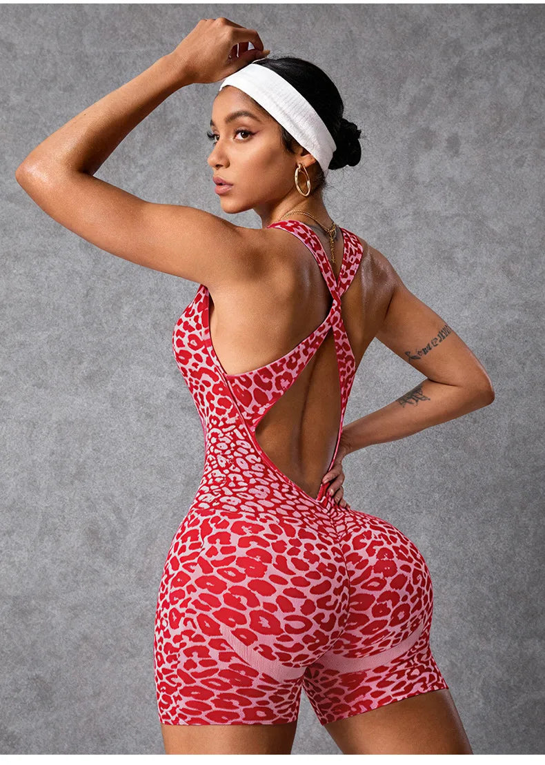 New Leopard Seamless Fitness Bodysuit Shorts Women Cross Strap High Stretch Yoga Jumpsuit Workout Fashion Butt Liftting Bodysuit