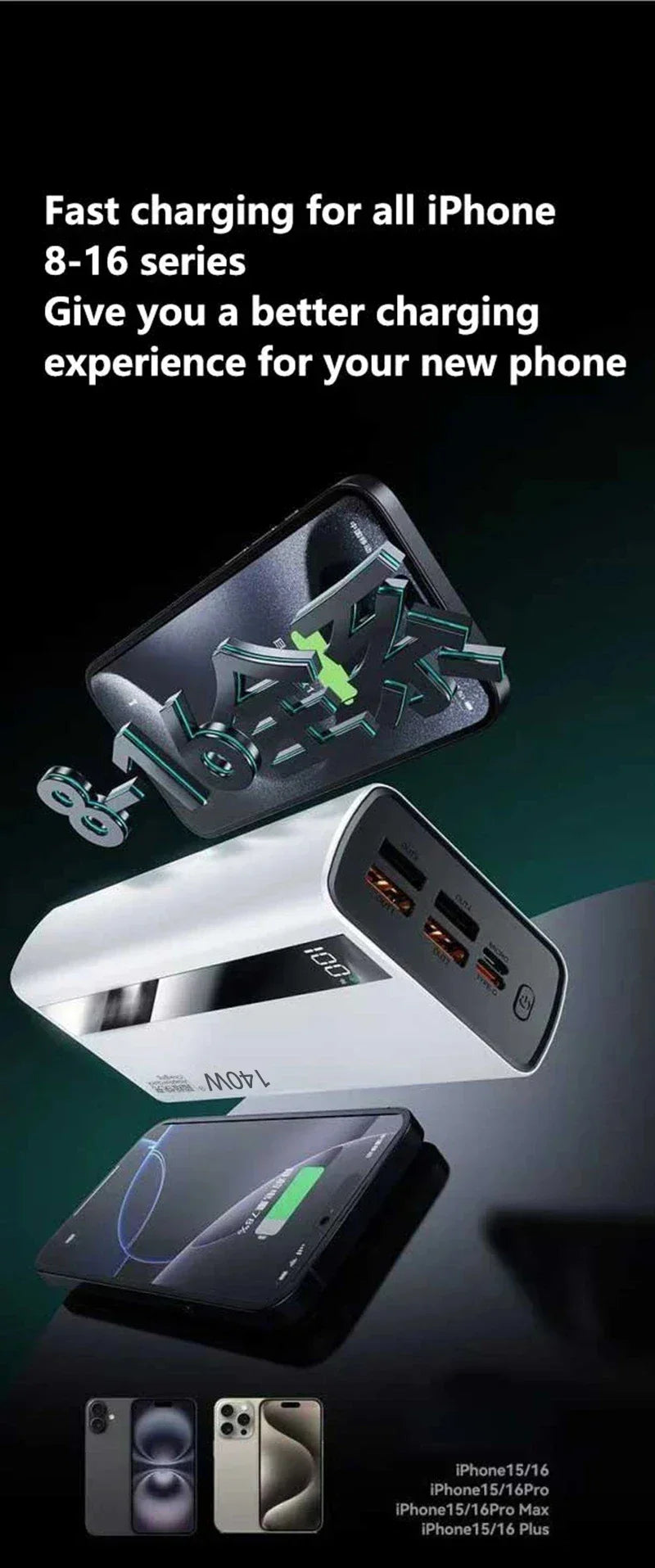 Lenovo CCC 500000mAh 140W Powerbank Super Fast Charging Portable Ultra Capacity Battery Charger LED Digital Display