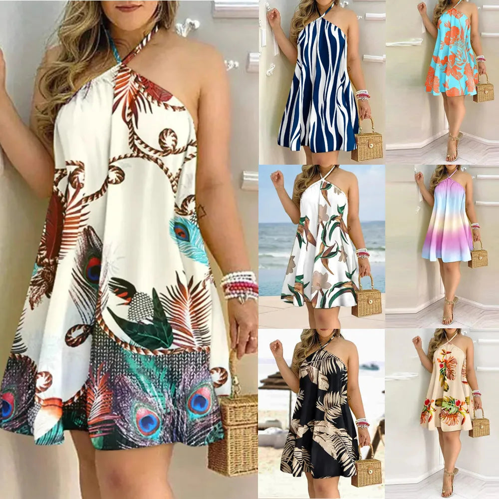 Summer Women Tropical Plant Print Halter Backless Mini Dress Loose Flowy A Line Beach Sundress Holiday Casual Short Dress