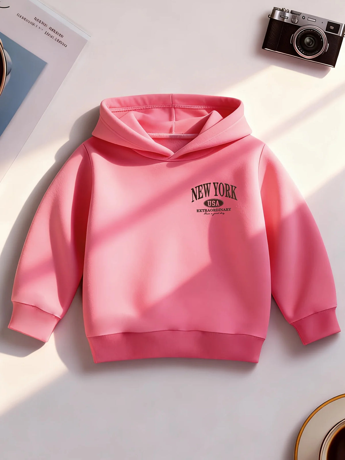 New American-style children's hoodie with New York print and American oval logoPerfect for fall/winter Christmas gifts for kids.