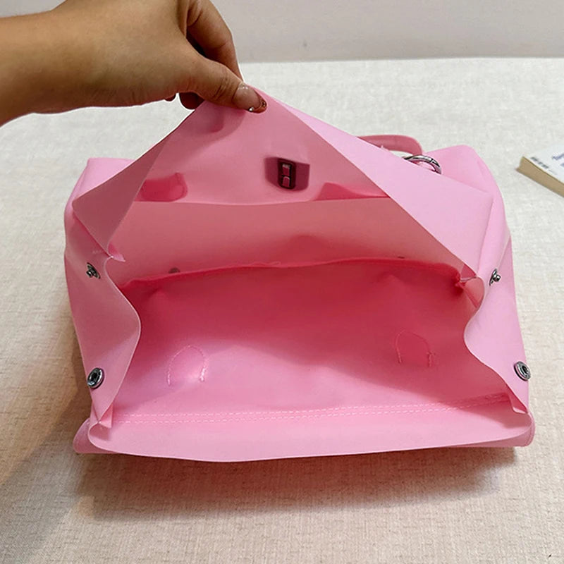 Korean Style Flap Jelly Tote Bag Large Capacity Commuter Shoulder Bag Underarm Handbag Soft Candy Color Casual Daily Work Bag