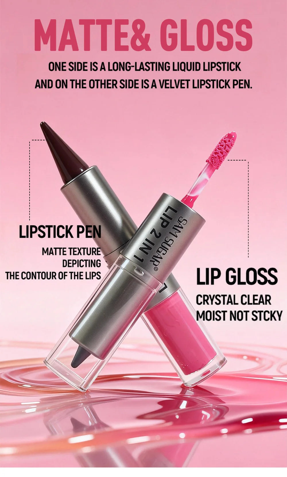 2 in 1 Lip Liner & Lip Gloss, Dual Ended Hydrating Non Stick Lipstick, Matte Velvet Outline Crayon with Shiny Plumping Lip Glaze