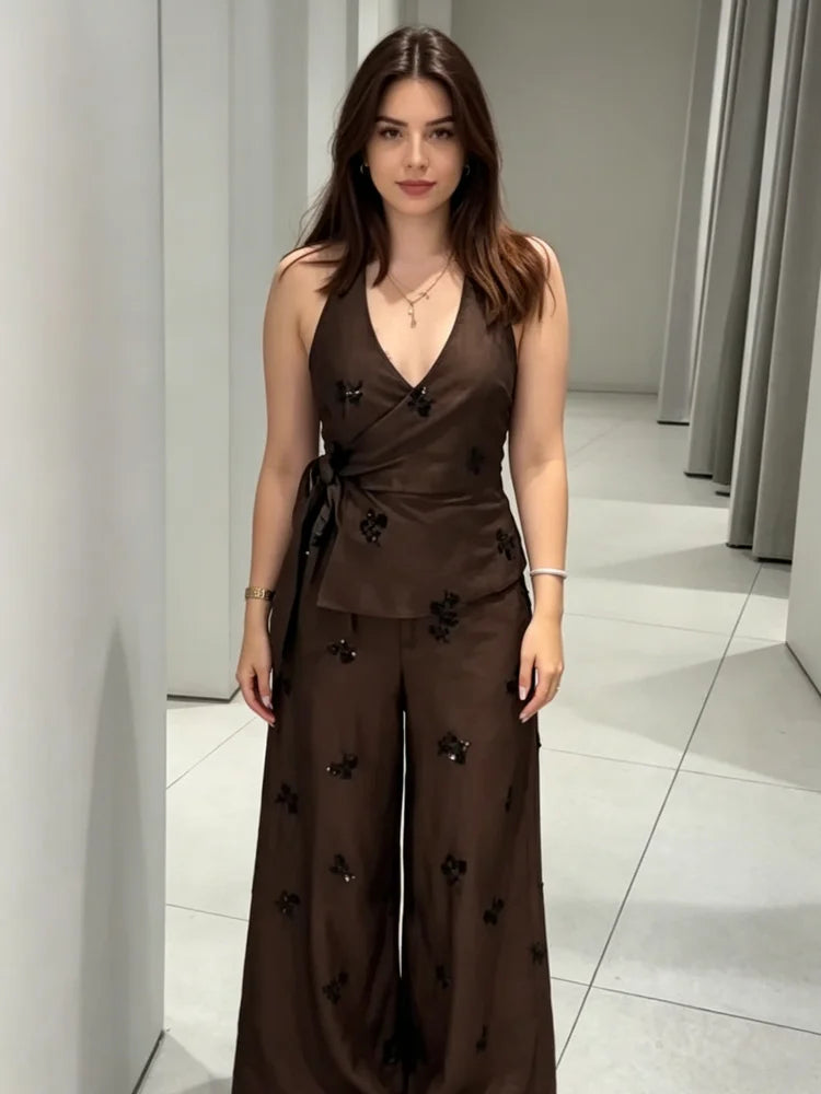 Fashion Floral Sequin 2-piece Outfit Women Tie Waist Wrap Sleeveless Top Wide Leg Pants 2026 Summer Lady Commute Street Outfits