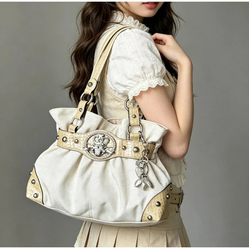 Luxury Women Rivet Handbag,Y2k Girls Metal Studded Underarm Shoulder Bag,Niche Belt Buckle Commuter Chic East-West Tote Bag