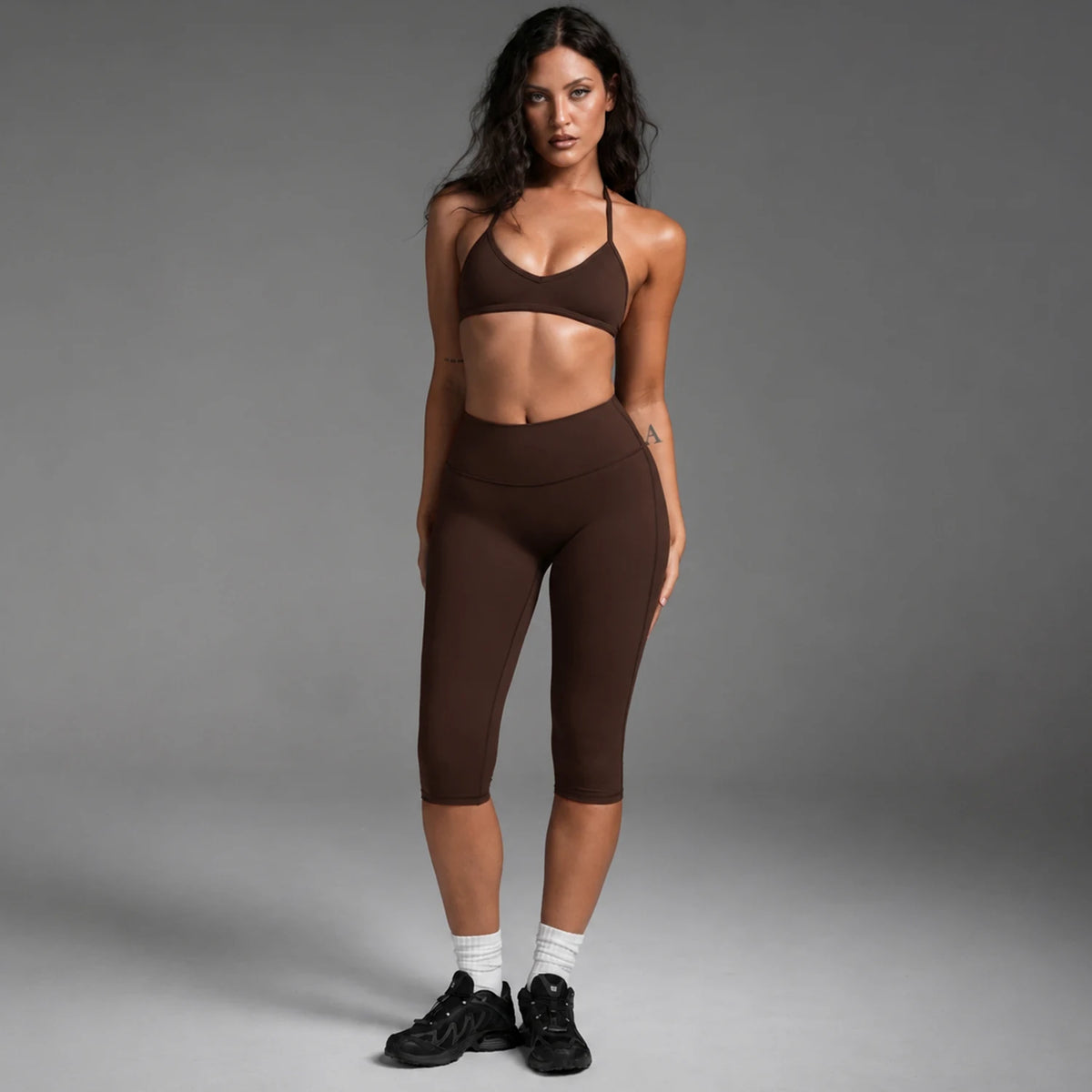 Women 2Pcs Thin Strap V Neck Sports Bra High Waist Capri Leggings Yoga Set Gym Pilates Fitness Tracksuit Streetwear