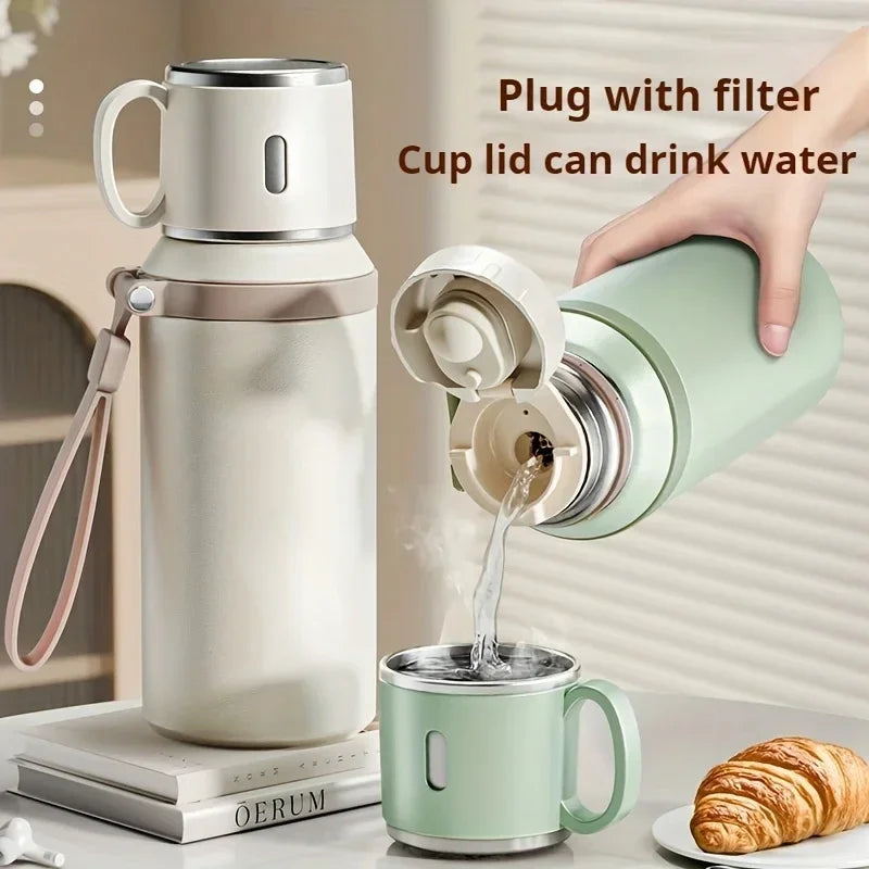 600ML Stainless Steel Insulated Bottle Double Wall Vacuum with Cup Lid Rope Handle Office Home Travel Thermos Coffee Cup Outdoor