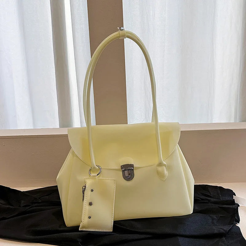 Korean Style Flap Jelly Tote Bag Large Capacity Commuter Shoulder Bag Underarm Handbag Soft Candy Color Casual Daily Work Bag