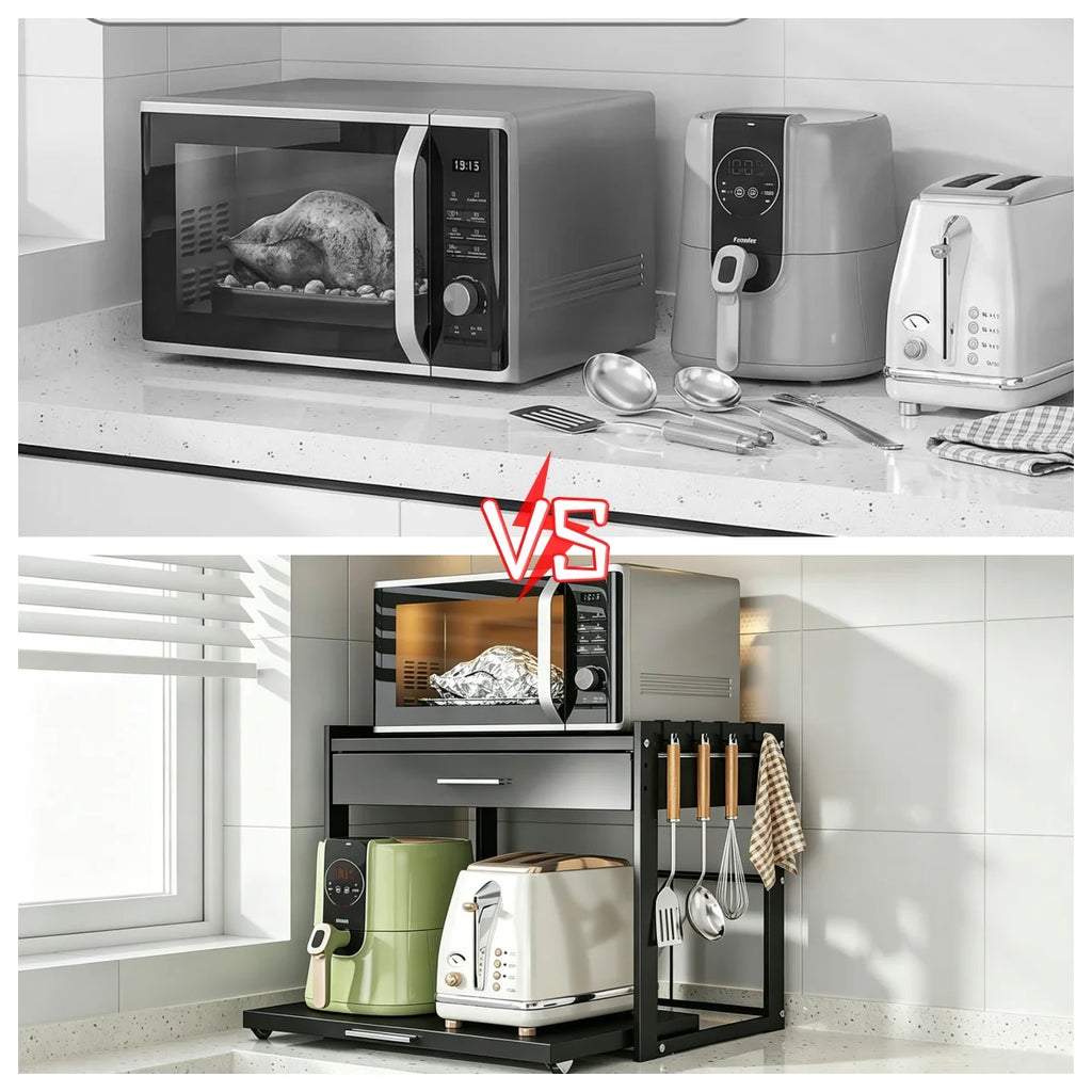 2 Tier Microwave Stand with Storage Drawer, Kitchen Countertop Organiser with Utensil Hooks, Storage Shelf for Oven & Air Fryer