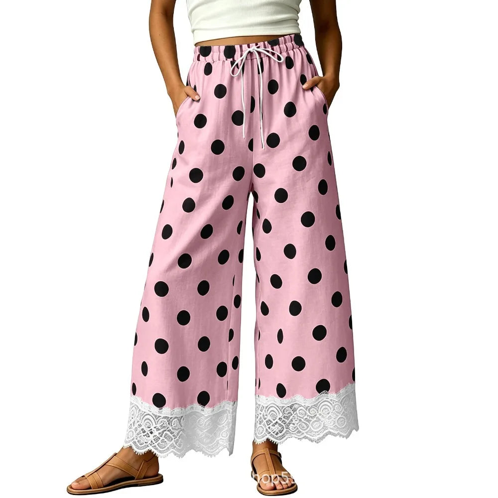 Ladies' Casual Wide Leg Pants, Thin and Sweet, Nine PointWide LegPants, Loose ElasticWaisted Lace Pants, Women's Polka Dot Cheap
