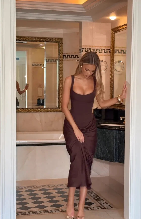 Solid Pleated Sling Dress Women Square Neck Sleeveless Off-shoulder Waist Cinching Slim Dresses 2026 Lady Evening Party Gowns