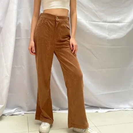 2025 Corduroy Trousers All Season Women Solid Button Fly Pocket Loungewear Slim Fit Ladies Flare Pants Streetwear Dropshipping