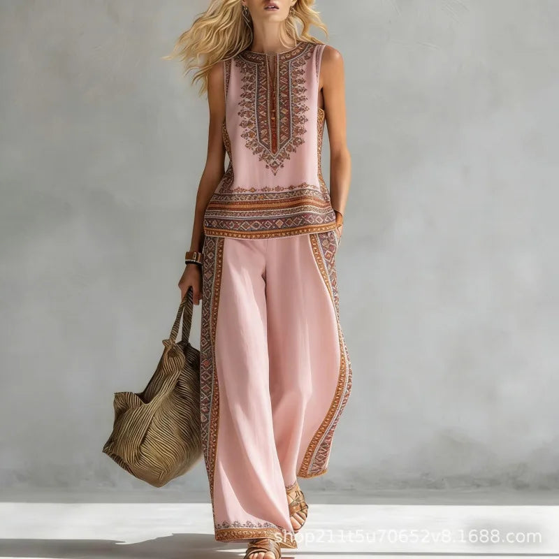 New Fashion Retro Printed Sleeveless Tops Trousers 2-piece Sets Women's Summer Casual Vest Loose Wide Leg Trousers Female Suit