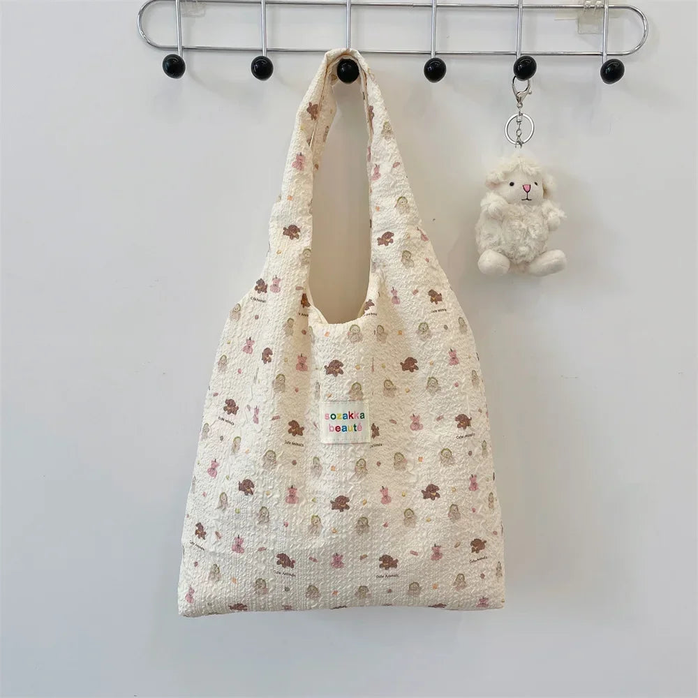 Female Tote Shopping Bag Eco Handbag Reusable Grocery Shopper Purse Korean Women Sweet Cartoon Shoulder Bag Books Pouch